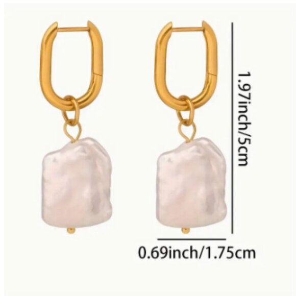 Gold Plated Square Oval Hoops -Genuine Pearl drop - NEW - Picture 2 of 2